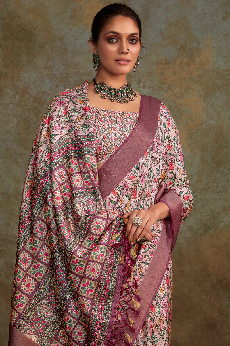 Engaging Lavender Digital Printed Soft Silk Saree With Gossamer Blouse Piece - Image 2