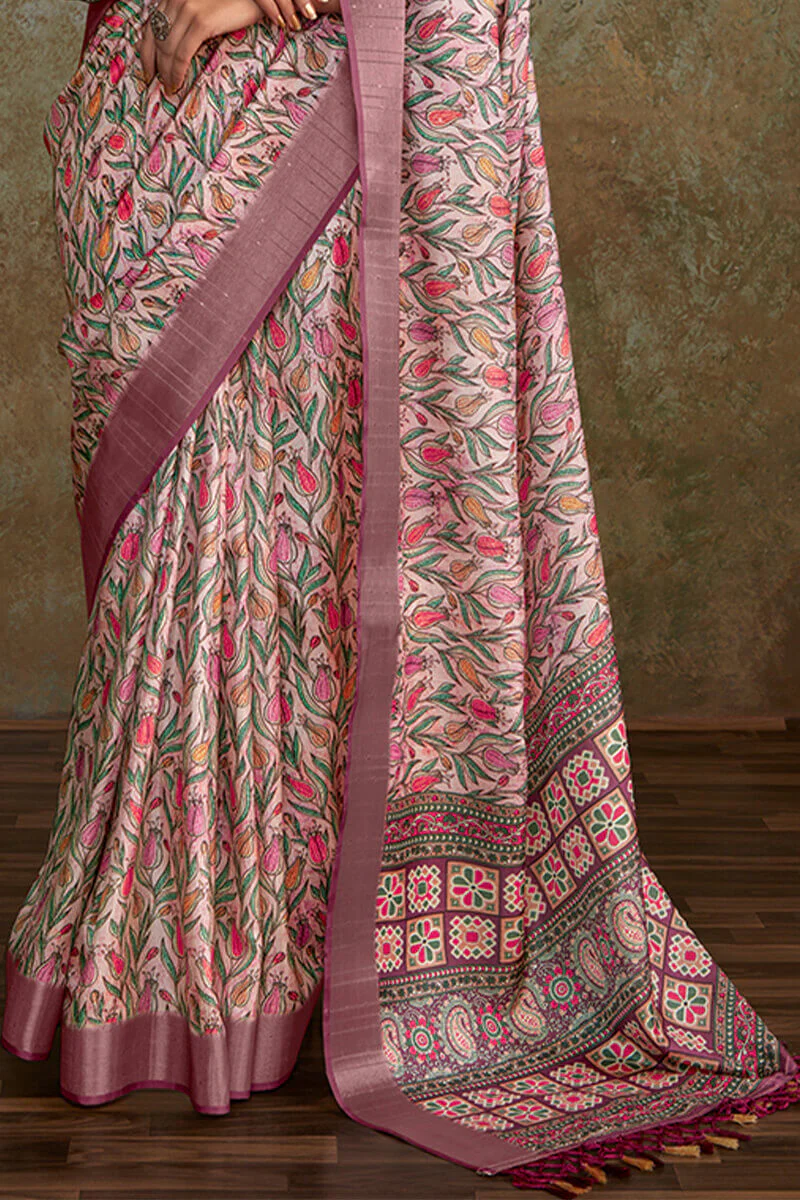 Engaging Lavender Digital Printed Soft Silk Saree With Gossamer Blouse Piece - Image 3