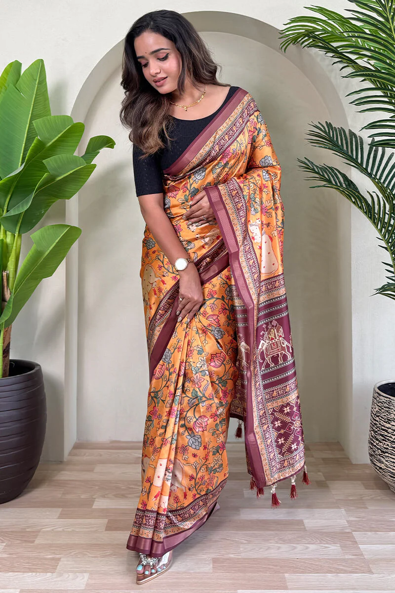 Engaging Orange Kalamkari Printed Viscose Dola Silk Saree With Artistic Blouse Piece - Image 3