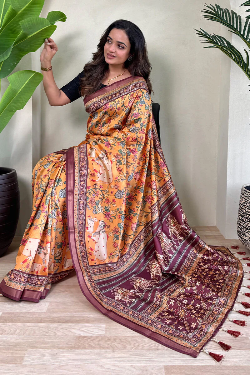 Engaging Orange Kalamkari Printed Viscose Dola Silk Saree With Artistic Blouse Piece - Image 4