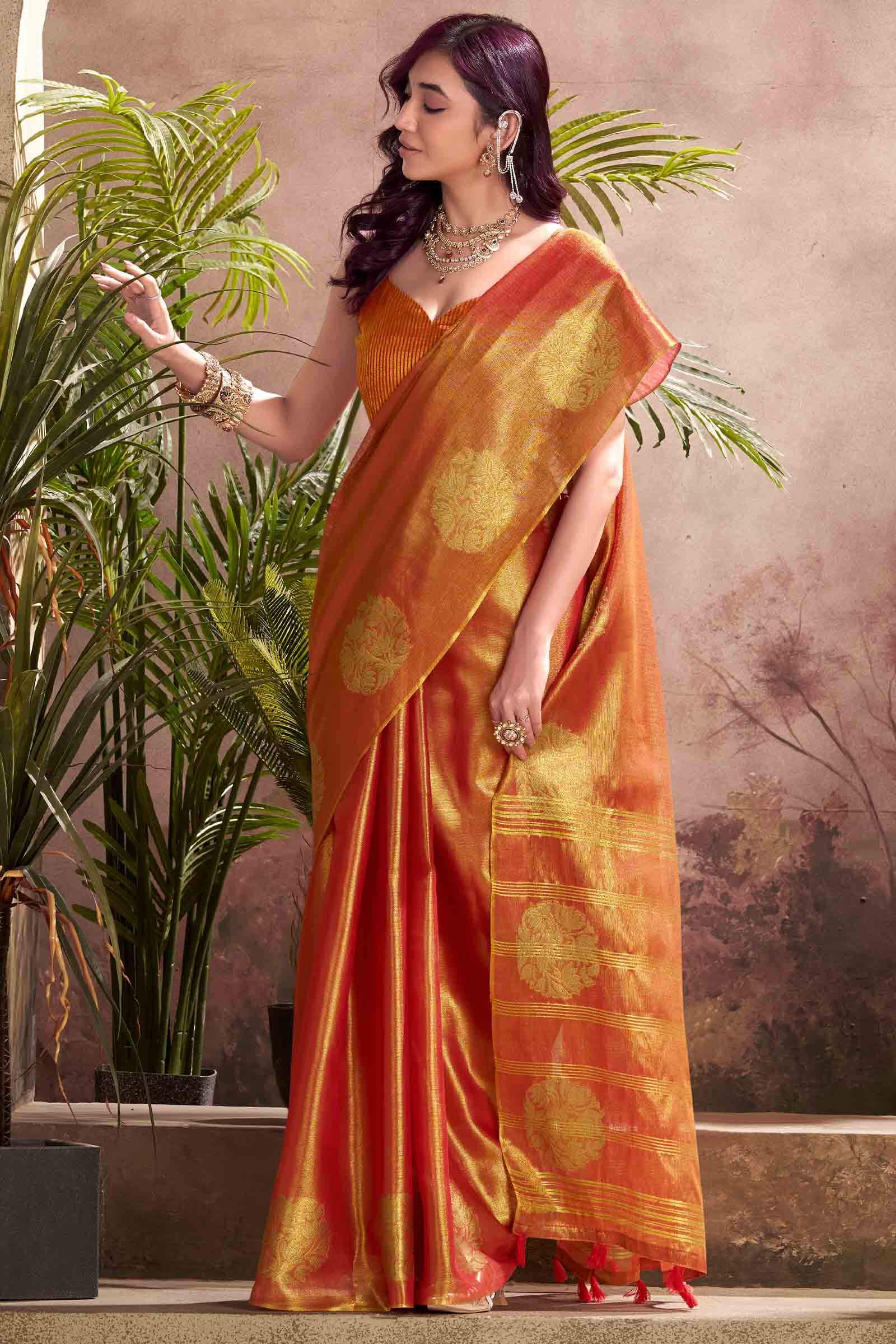 Engaging Orange Soft Banarasi Tissue Silk Saree With Ratatouille Blouse Piece - Image 3