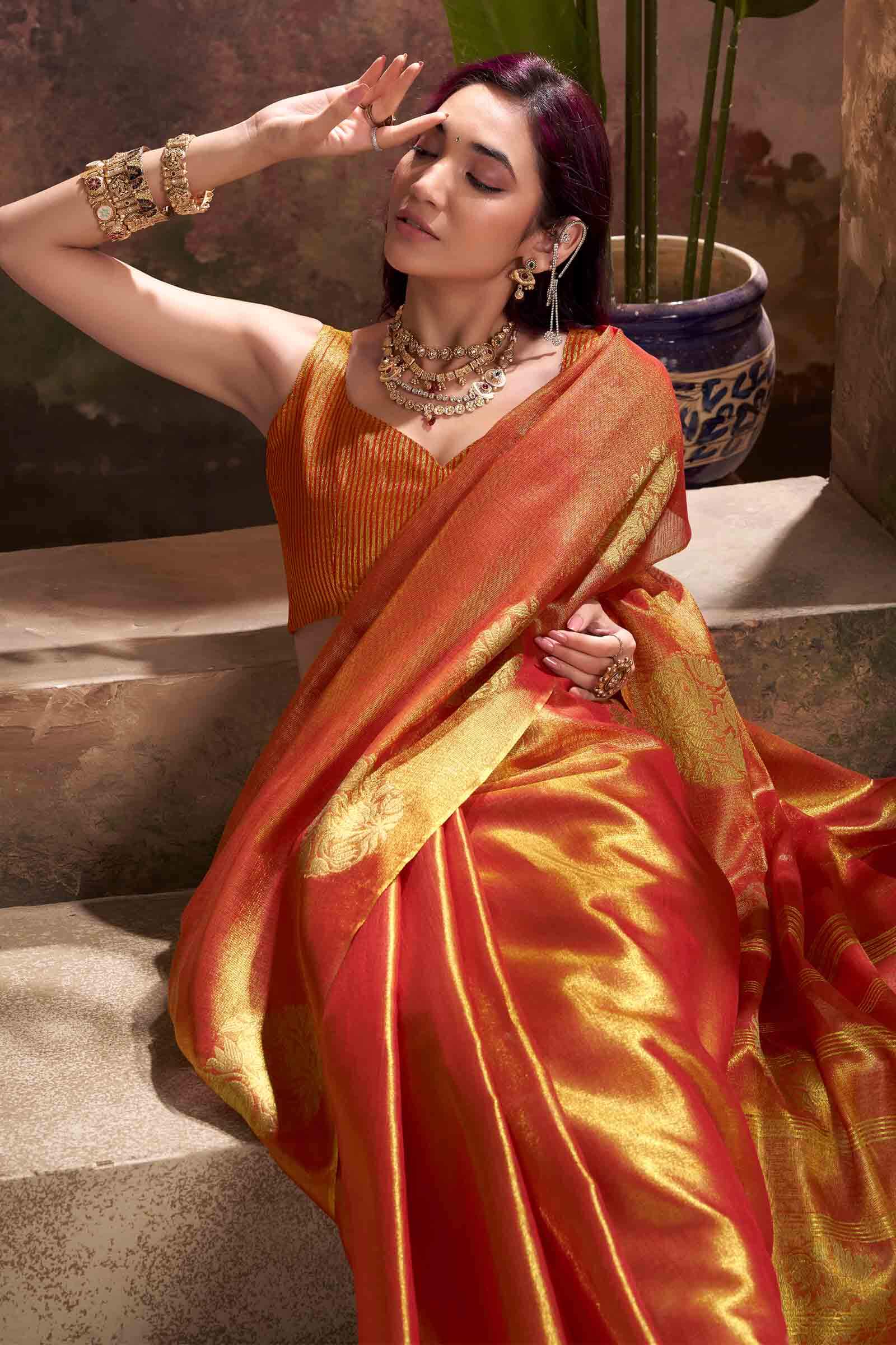 Engaging Orange Soft Banarasi Tissue Silk Saree With Ratatouille Blouse Piece - Image 4