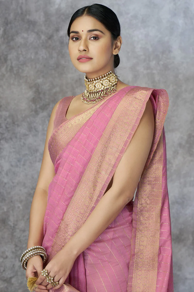 Engaging Pink Cotton Silk Saree With Petrichor Blouse Piece - Image 2