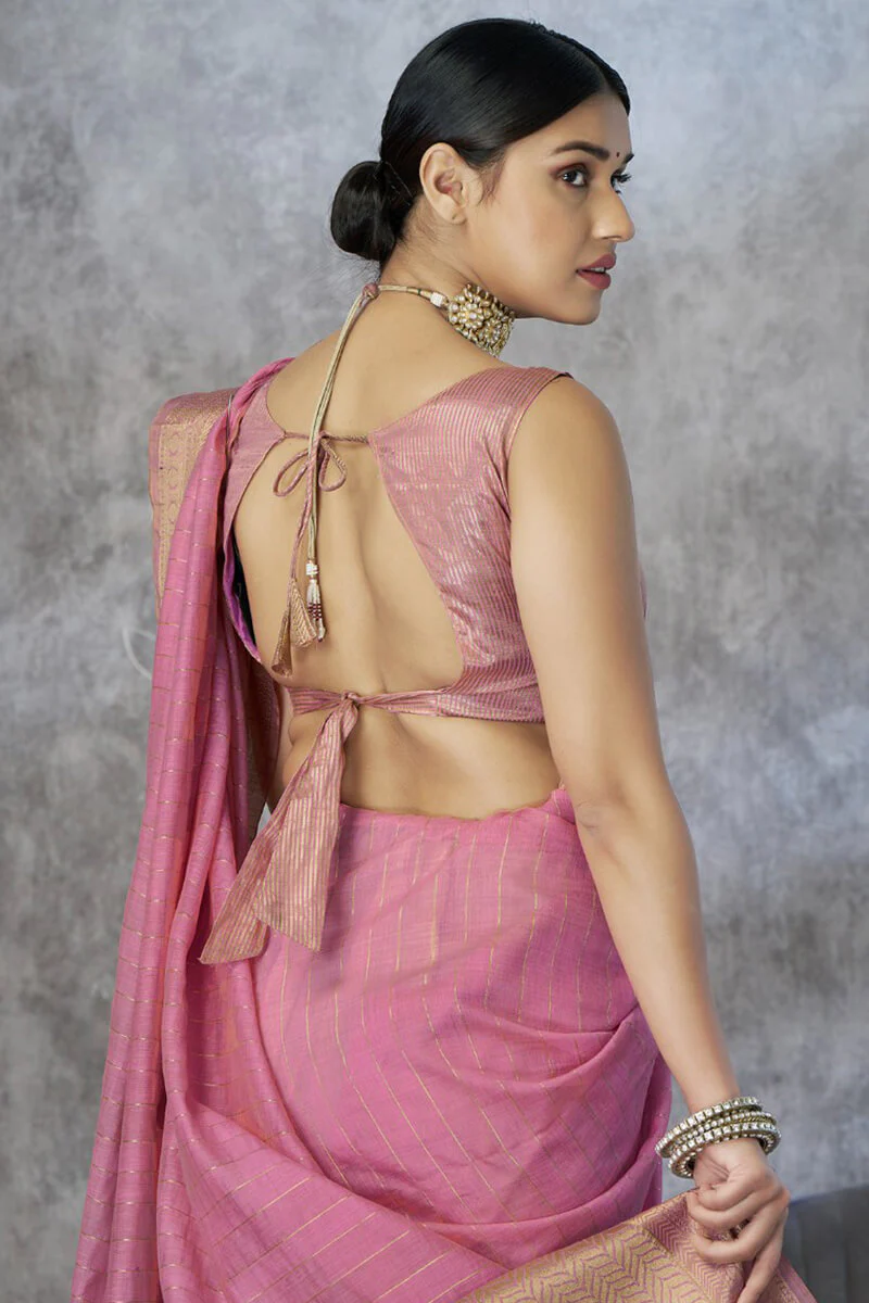 Engaging Pink Cotton Silk Saree With Petrichor Blouse Piece - Image 3