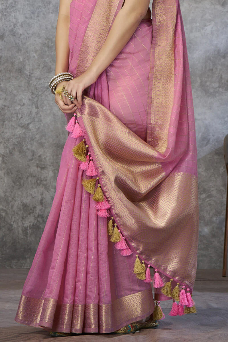 Engaging Pink Cotton Silk Saree With Petrichor Blouse Piece - Image 4