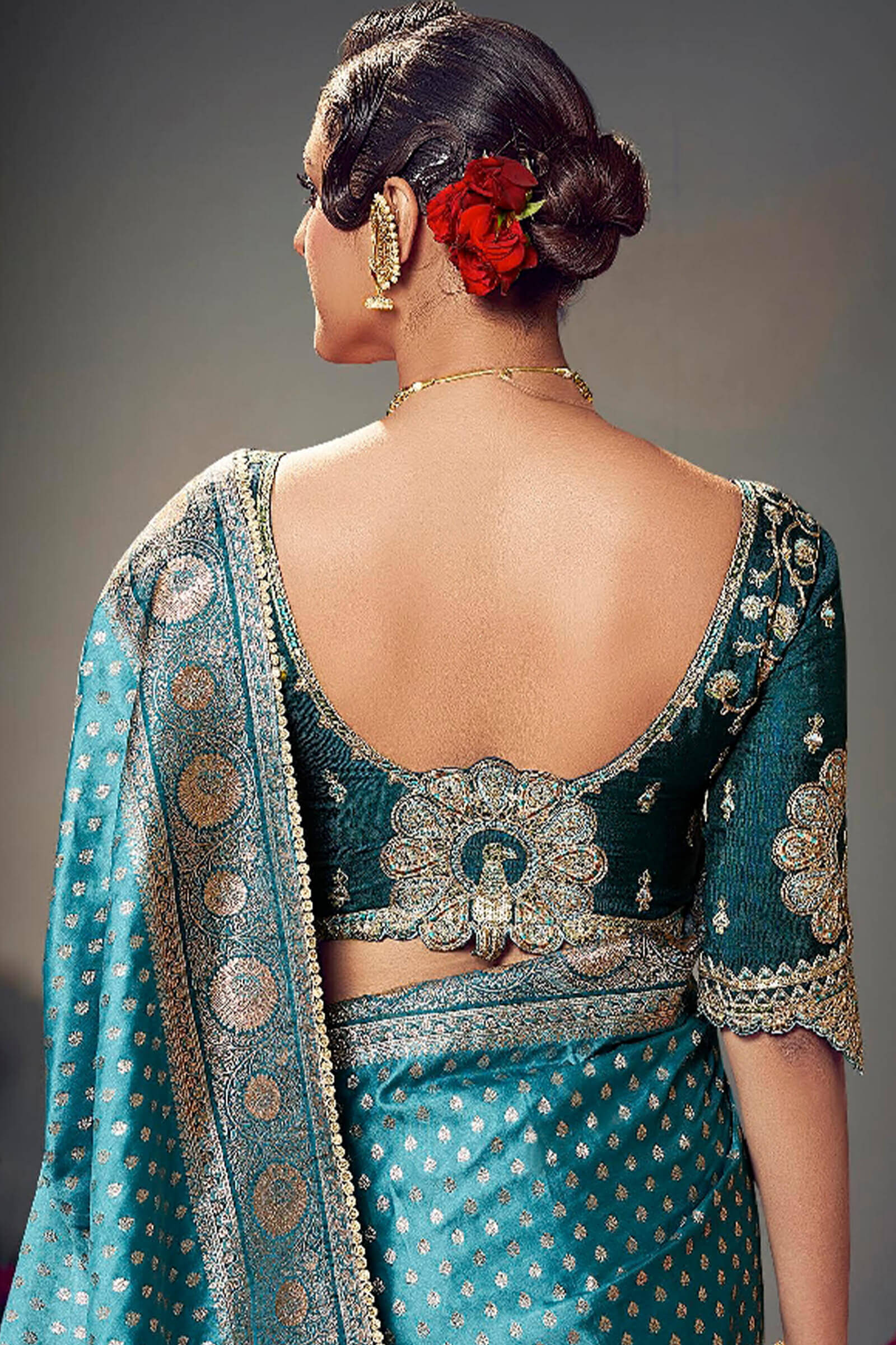 Engaging Rama Banarasi Satin Silk Saree With Smart Blouse Piece - Image 3