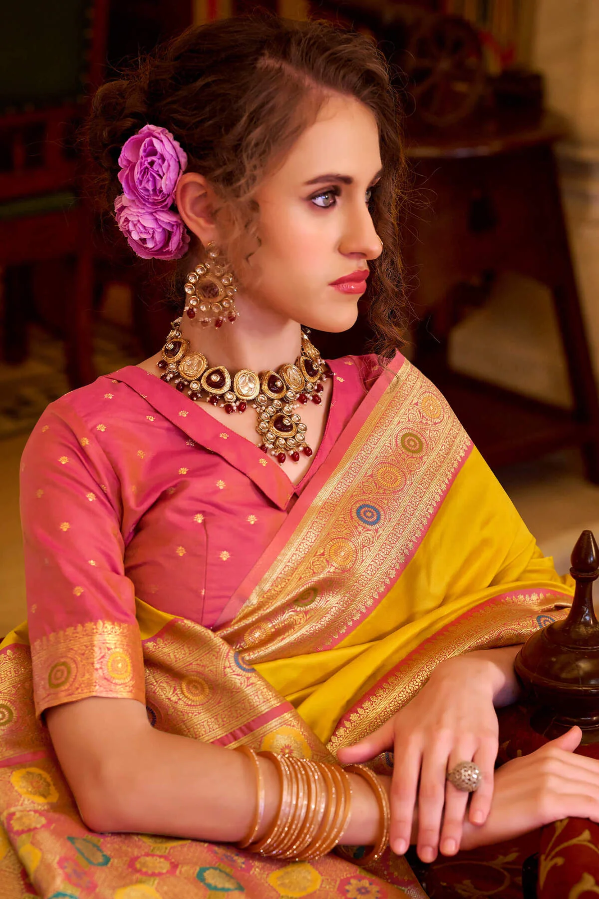 Engaging Yellow Pure Zari Weaving Banarasi Silk Saree With Vivacious Blouse Piece - Image 2