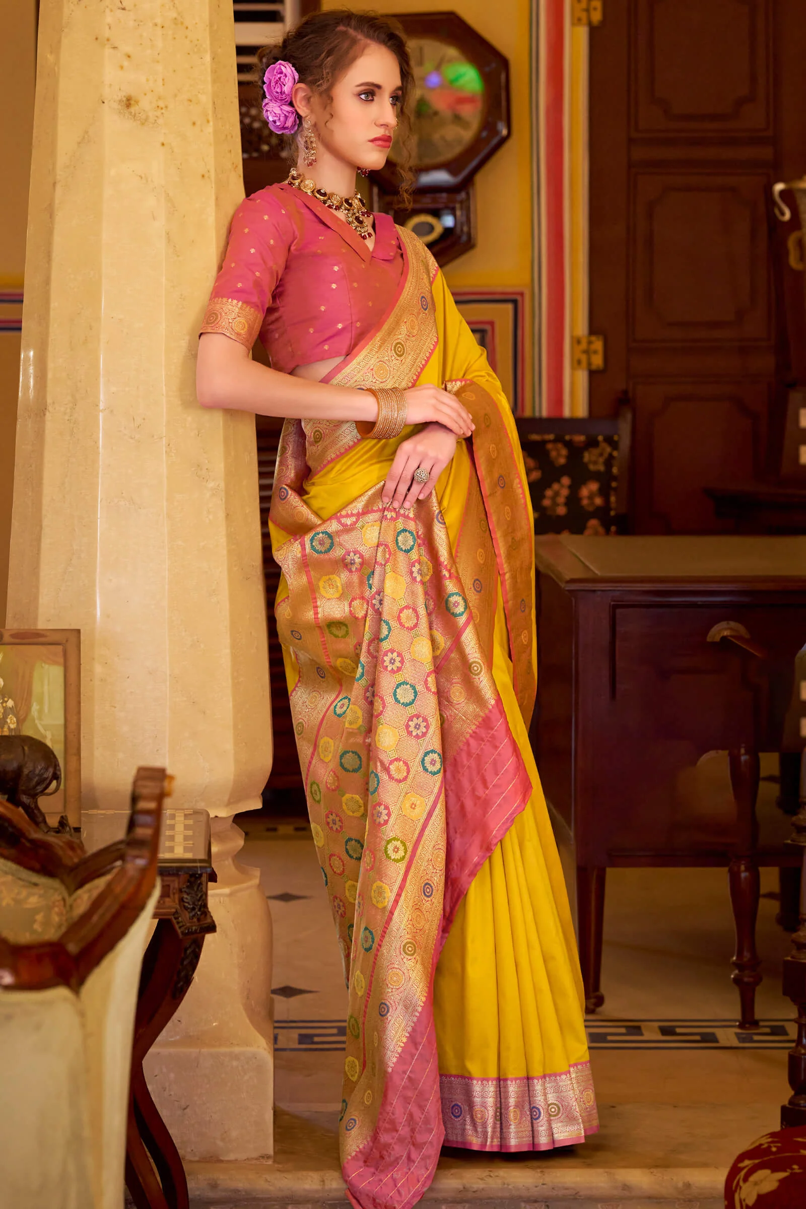Engaging Yellow Pure Zari Weaving Banarasi Silk Saree With Vivacious Blouse Piece - Image 3
