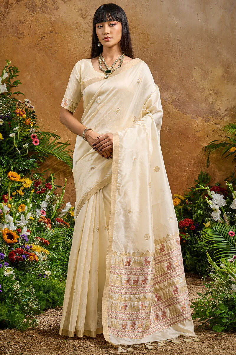 Engrossing Beige Banarasi Tussar Silk Saree With Appealing Blouse Piece