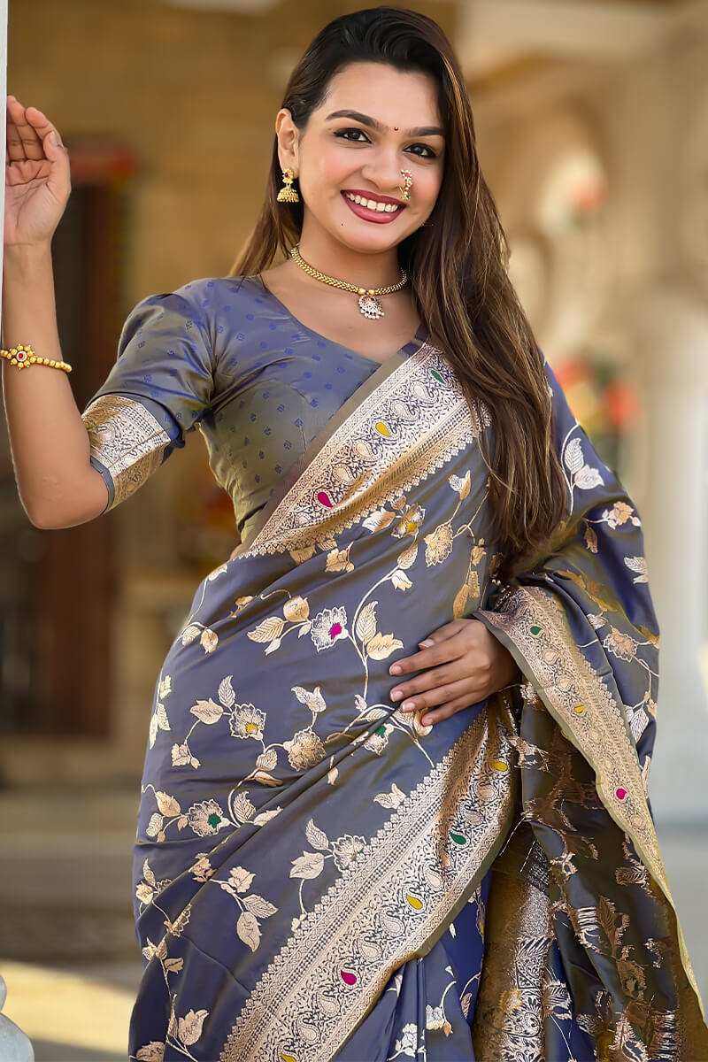 Engrossing Blue Soft Banarasi Silk Saree With Desiring Blouse Piece - Image 2