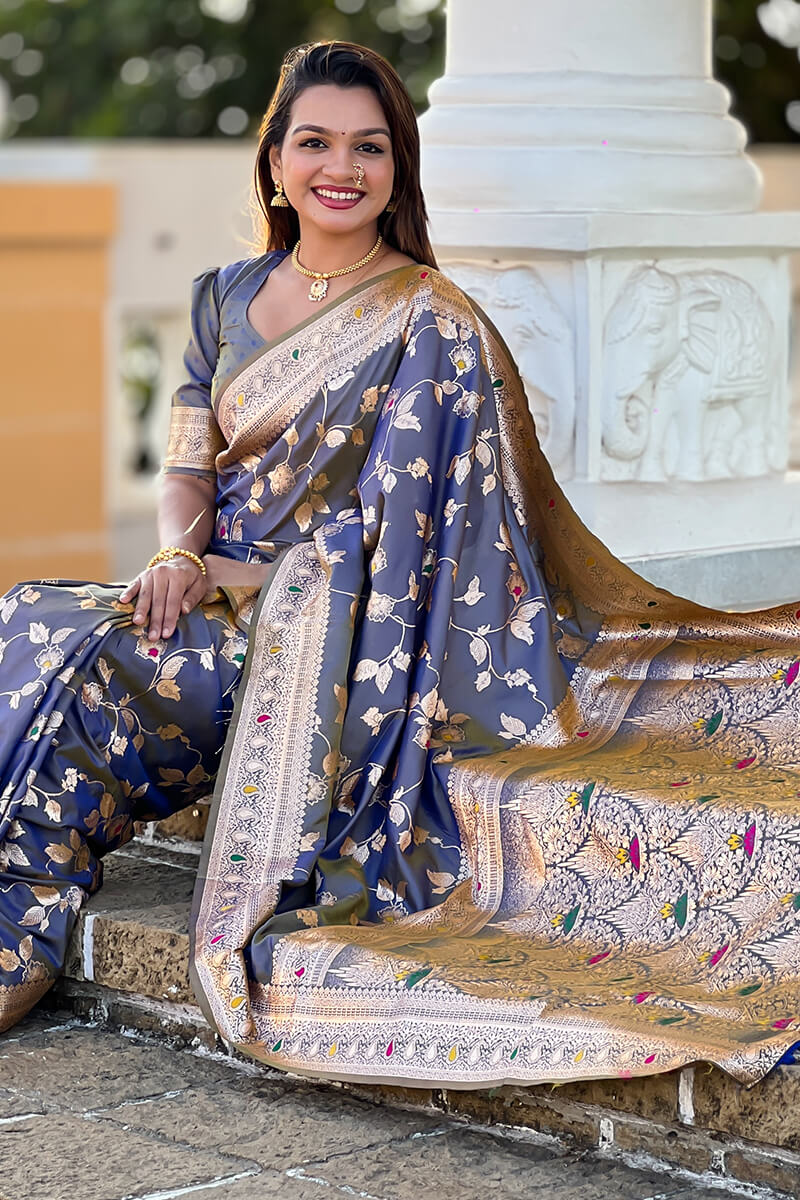 Engrossing Blue Soft Banarasi Silk Saree With Desiring Blouse Piece - Image 3