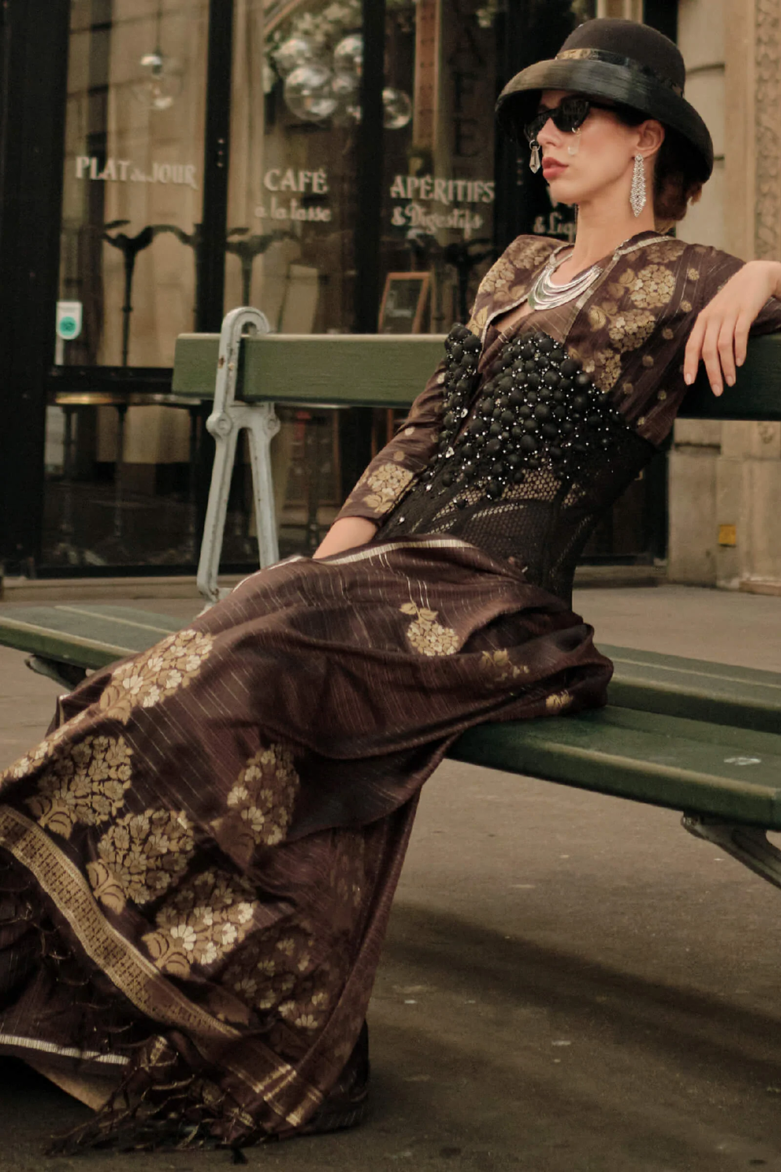 Engrossing Brown Banarasi Satin Silk Saree With Moiety Blouse - Image 2