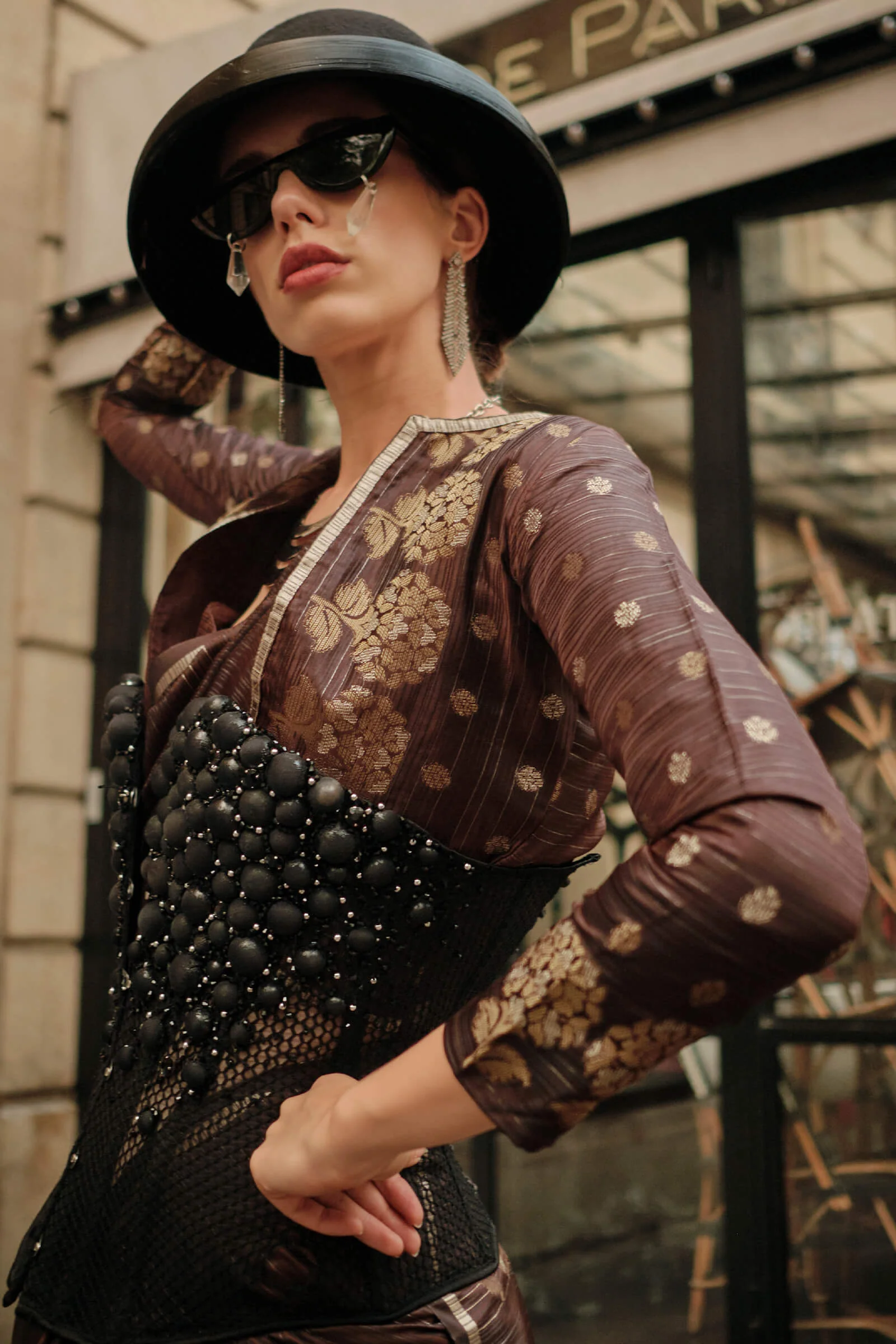 Engrossing Brown Banarasi Satin Silk Saree With Moiety Blouse - Image 3