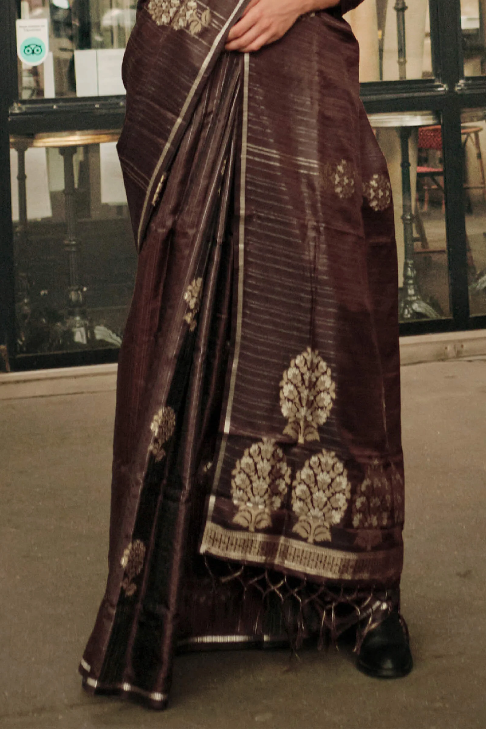Engrossing Brown Banarasi Satin Silk Saree With Moiety Blouse - Image 4