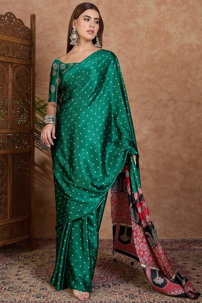 Engrossing Dark Green Ajrakh Printed Semi Modal Silk Saree With Imbrication Blouse Piece - Image 3