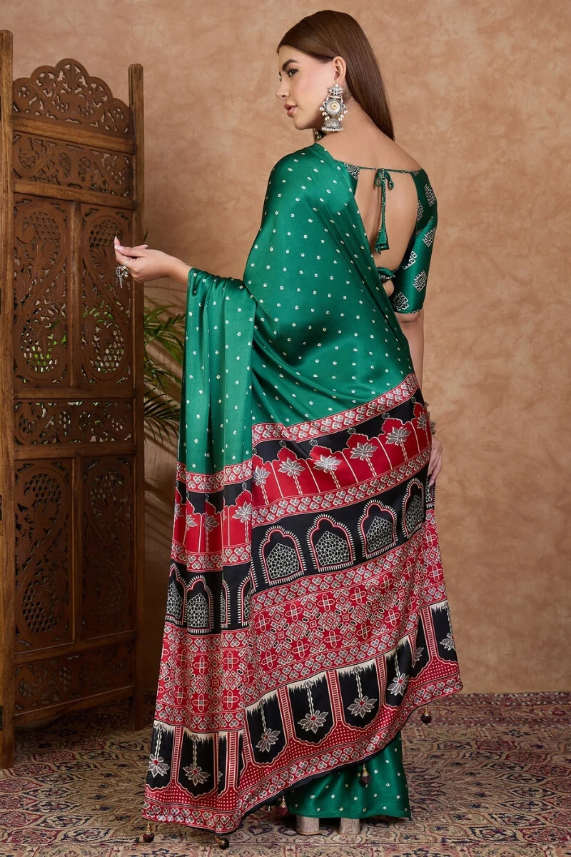 Engrossing Dark Green Ajrakh Printed Semi Modal Silk Saree With Imbrication Blouse Piece - Image 6