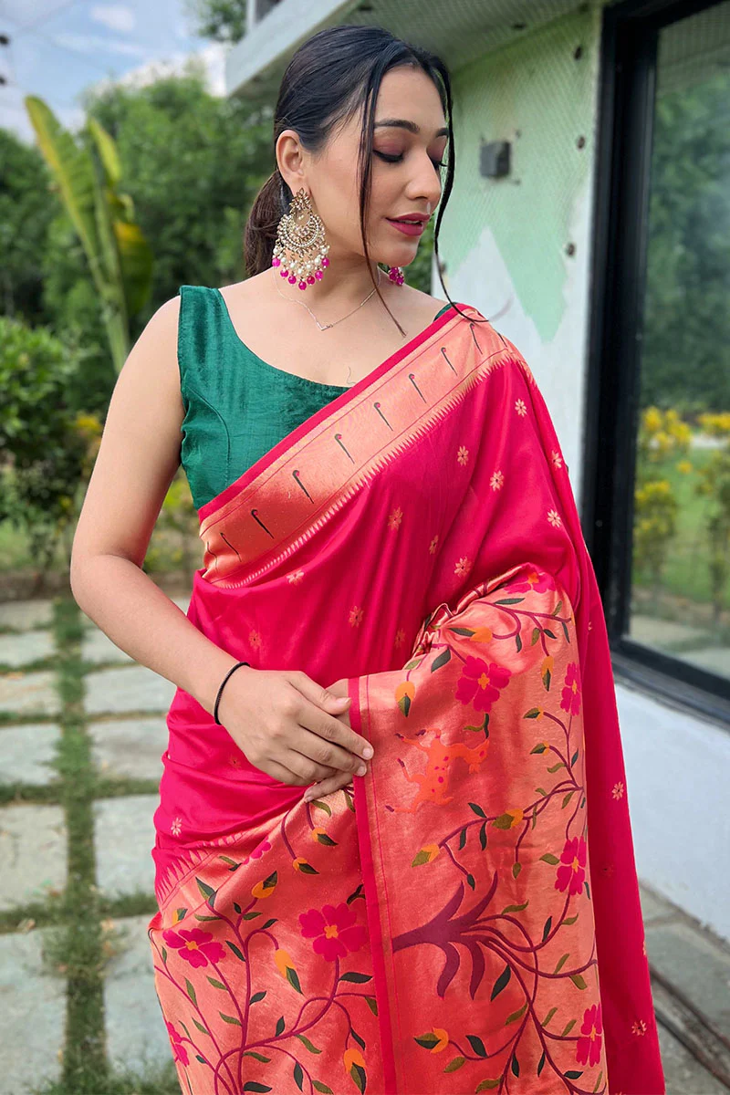 Engrossing Dark Pink Paithani Silk Saree With Blissful Blouse Piece - Image 2