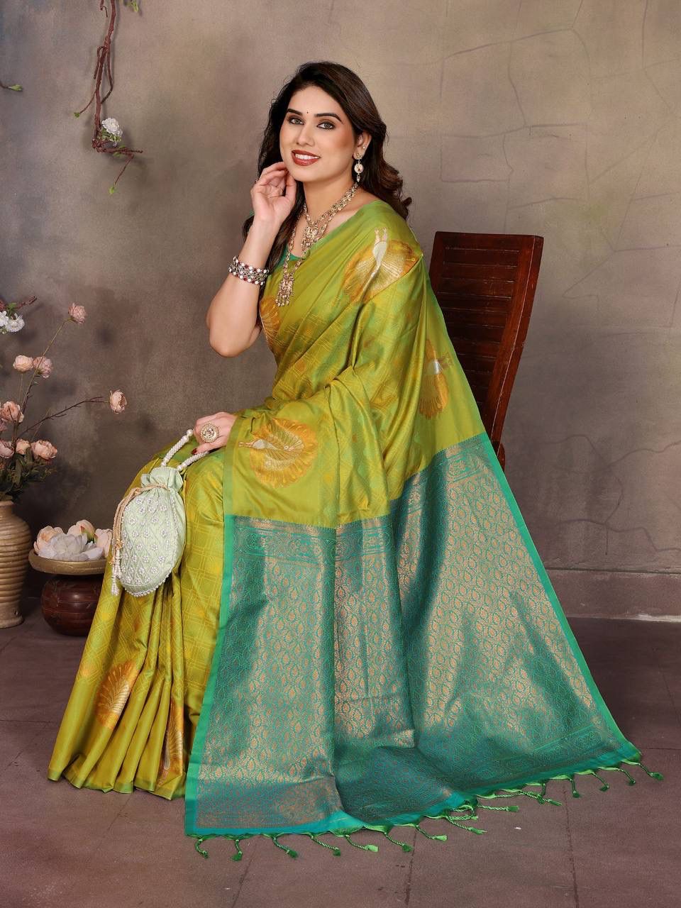 Engrossing Green Soft Banarasi Silk Saree With Gossamer Blouse Piece - Image 5