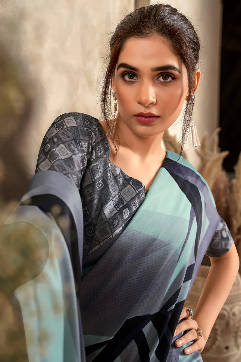 Engrossing Sky Digital Printed Satin Silk Saree With Groovy Blouse Piece - Image 2