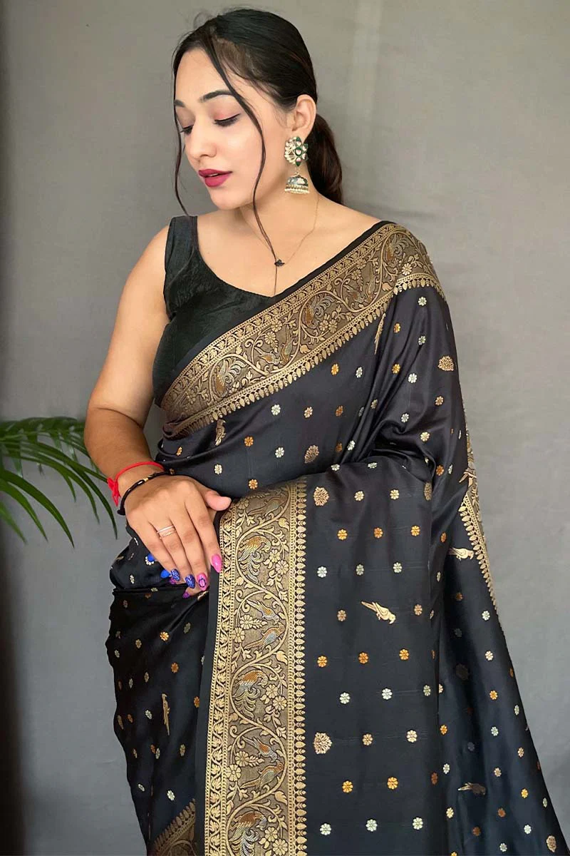 Enigmatic Black Soft Banarasi Silk Saree With Enamoring Blouse Piece - Image 2
