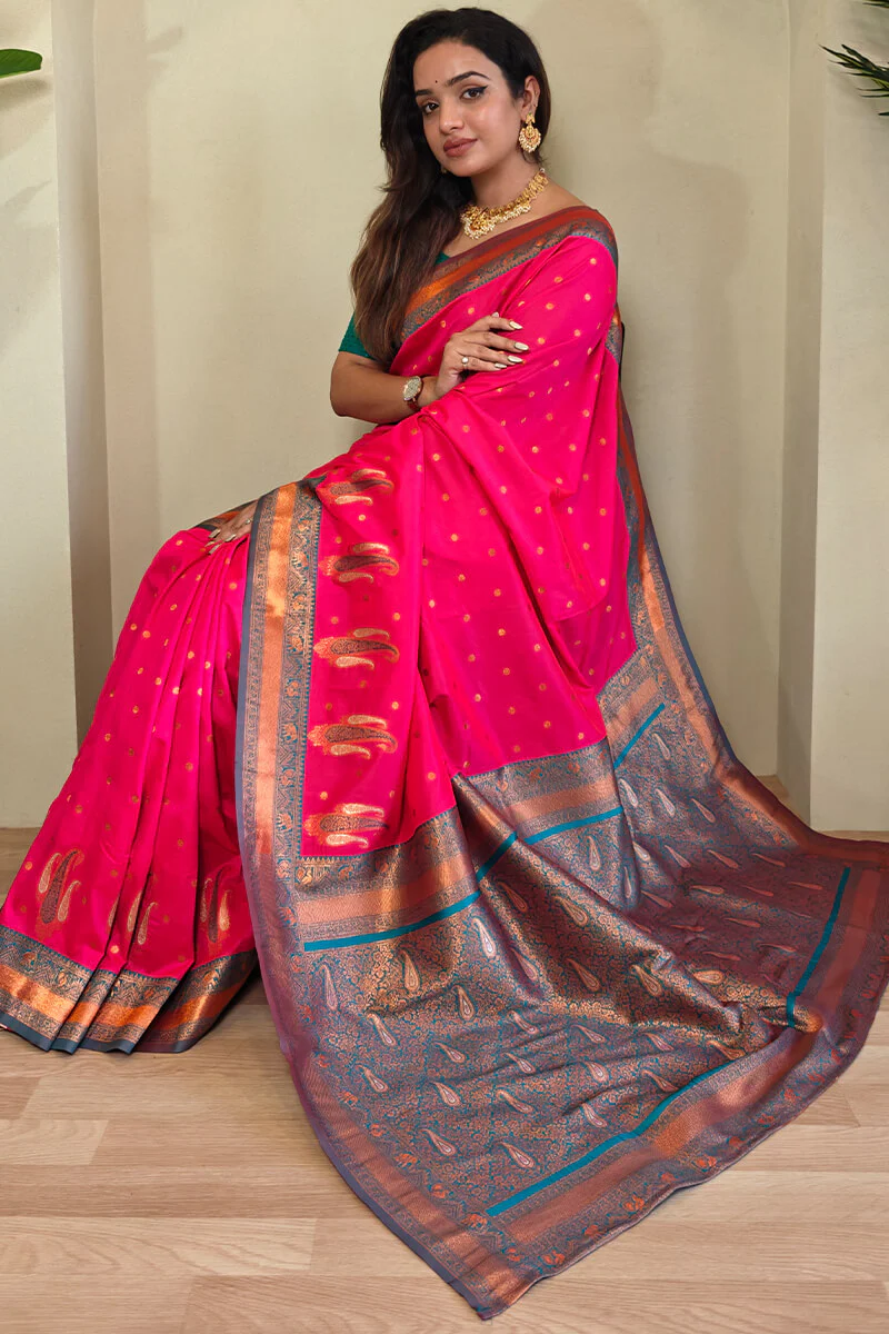 Enigmatic Dark Pink Soft Banarasi Silk Saree With Panache Blouse Piece - Image 2