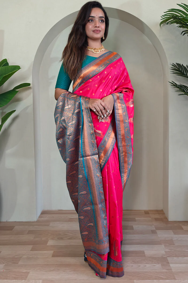 Enigmatic Dark Pink Soft Banarasi Silk Saree With Panache Blouse Piece - Image 4