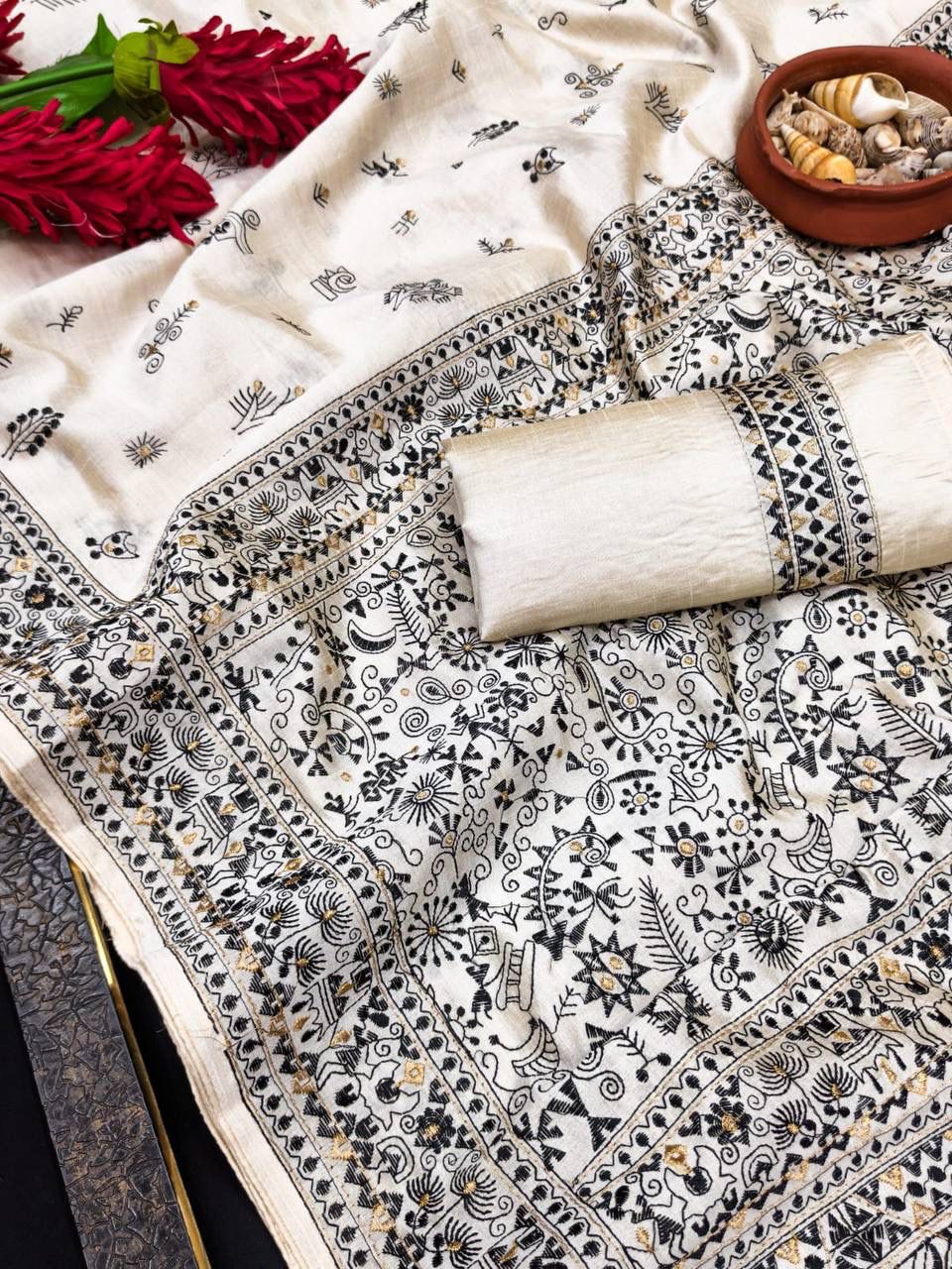 Enigmatic Off White Embroidery Work Tussar Silk Saree With Lagniappe Blouse Piece - Image 2