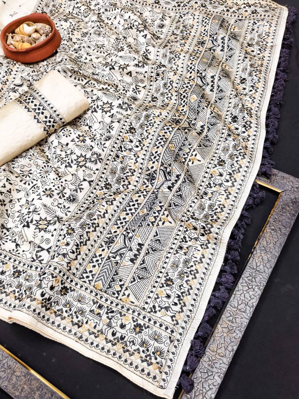 Enigmatic Off White Embroidery Work Tussar Silk Saree With Lagniappe Blouse Piece - Image 3