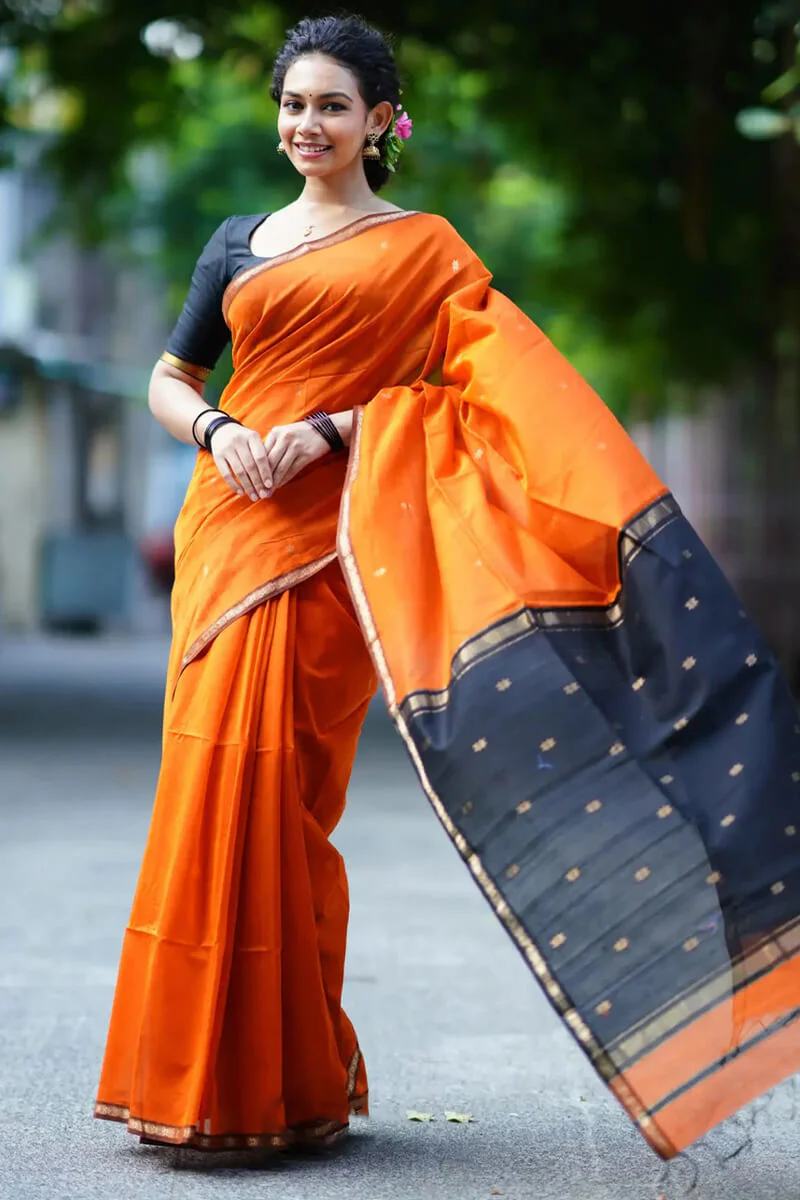 Enigmatic Orange Cotton Silk Saree With Panache Blouse Piece - Image 3