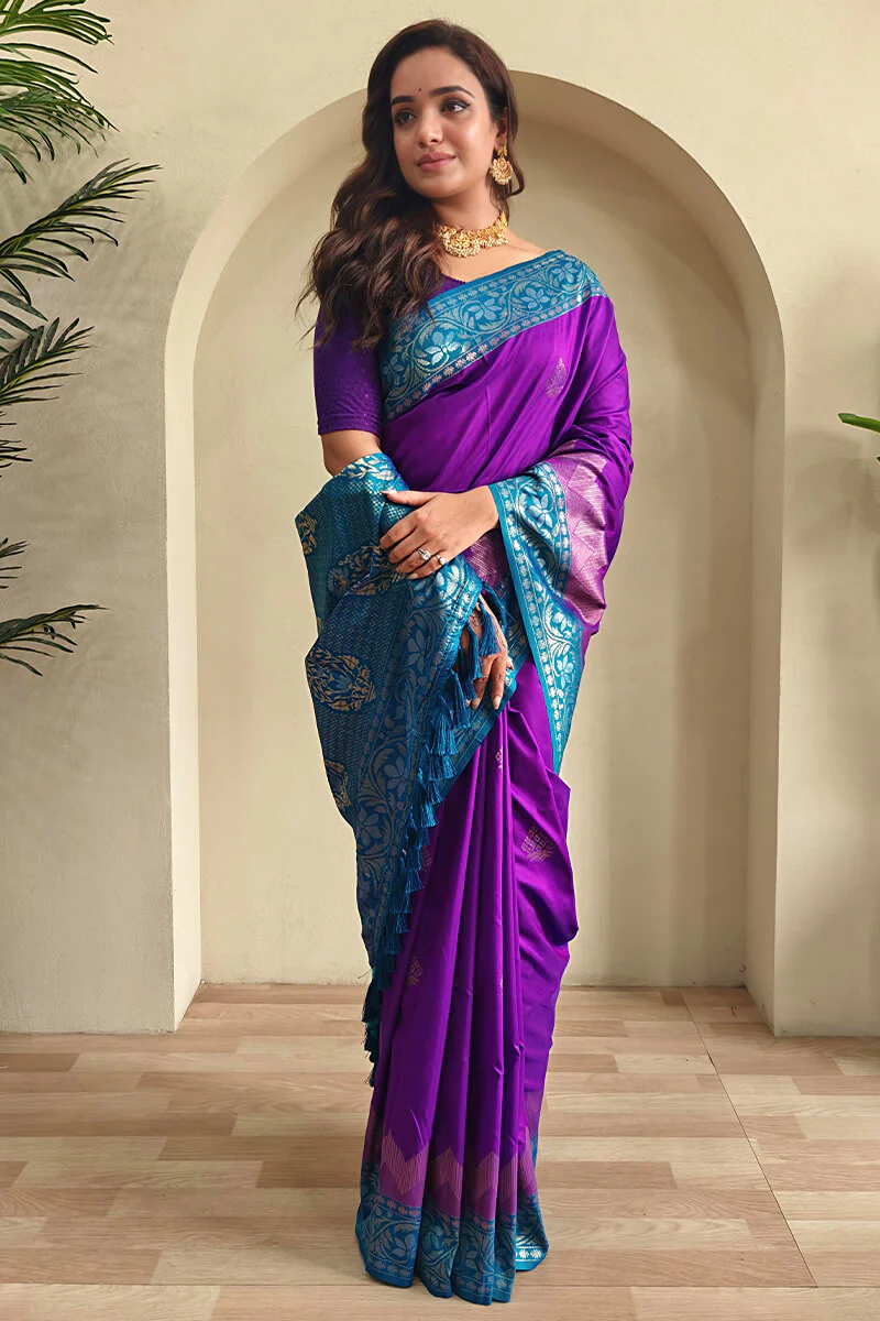 Enigmatic Purple Soft Banarasi Silk Saree With Panache Blouse Piece - Image 2