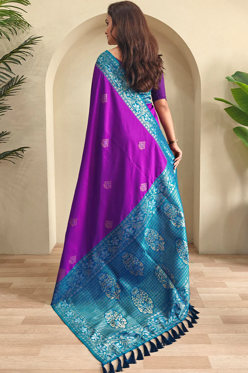 Enigmatic Purple Soft Banarasi Silk Saree With Panache Blouse Piece - Image 3