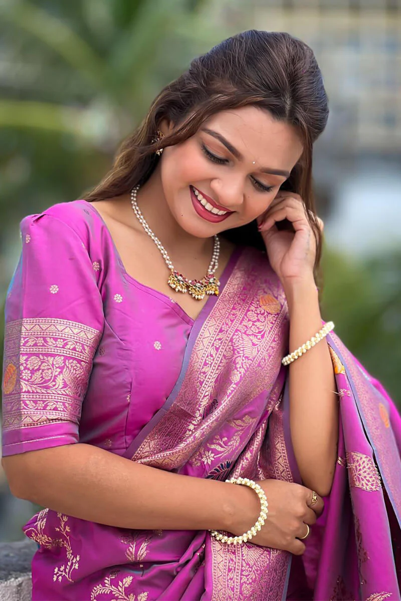 Enigmatic Purple Soft Banarasi Silk Saree With Quixotic Blouse Piece - Image 4