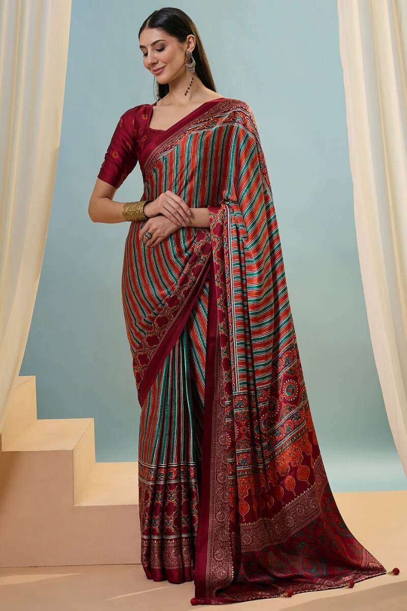 Enigmatic Red Ajrakh Printed Semi Modal Silk Saree With Blissful Blouse Piece - Image 3