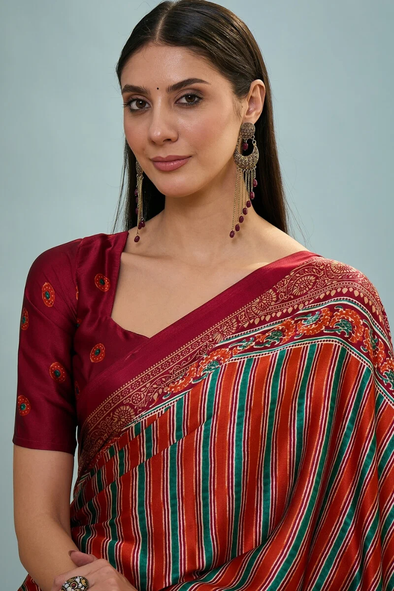 Enigmatic Red Ajrakh Printed Semi Modal Silk Saree With Blissful Blouse Piece - Image 4