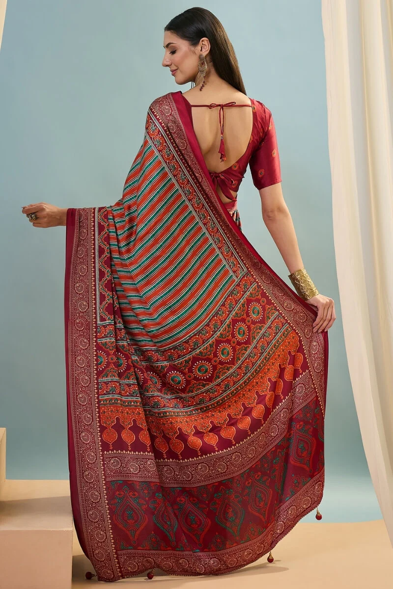 Enigmatic Red Ajrakh Printed Semi Modal Silk Saree With Blissful Blouse Piece - Image 7