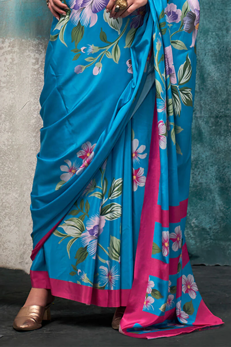 Enthralling Firozi Digital Printed Crape Silk Saree With Allure Blouse Piece - Image 3