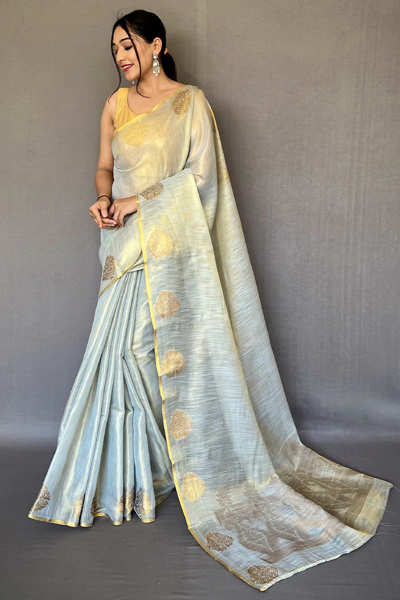 Enthralling Grey Soft Banarasi Tissue Silk Saree With Tantalizing Blouse Piece - Image 3
