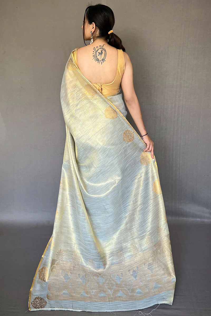 Enthralling Grey Soft Banarasi Tissue Silk Saree With Tantalizing Blouse Piece - Image 4