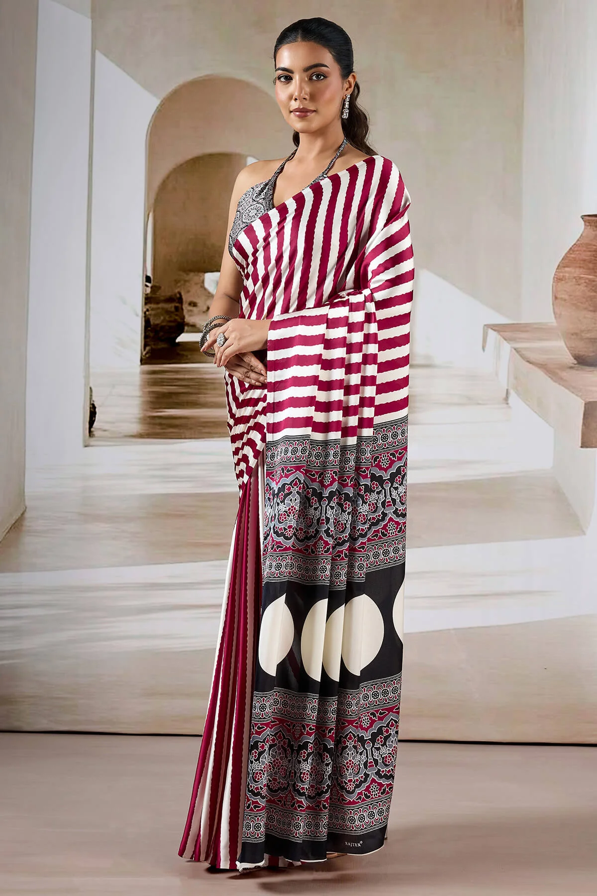 Enthralling Maroon Ajrakh Printed Satin Silk Saree With Divine Blouse Piece - Image 3
