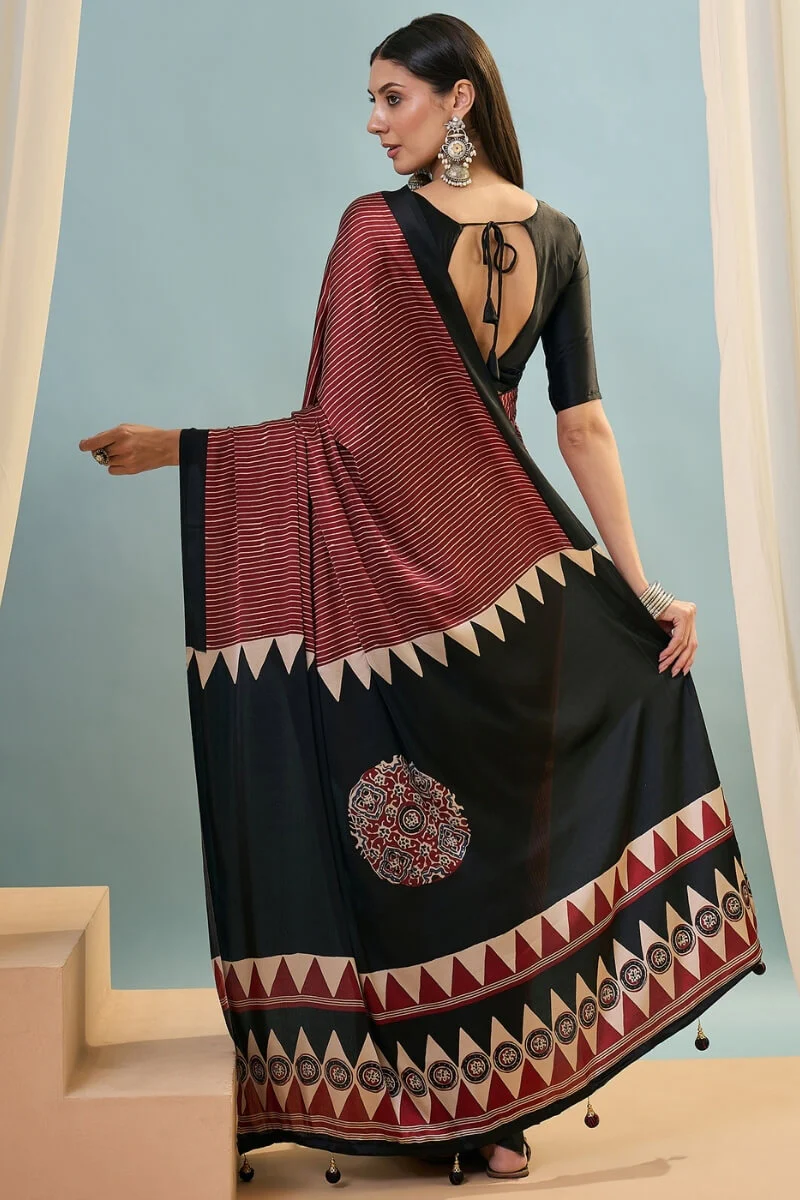 Enthralling Maroon Ajrakh Printed Semi Modal Silk Saree With Desuetude Blouse Piece - Image 6