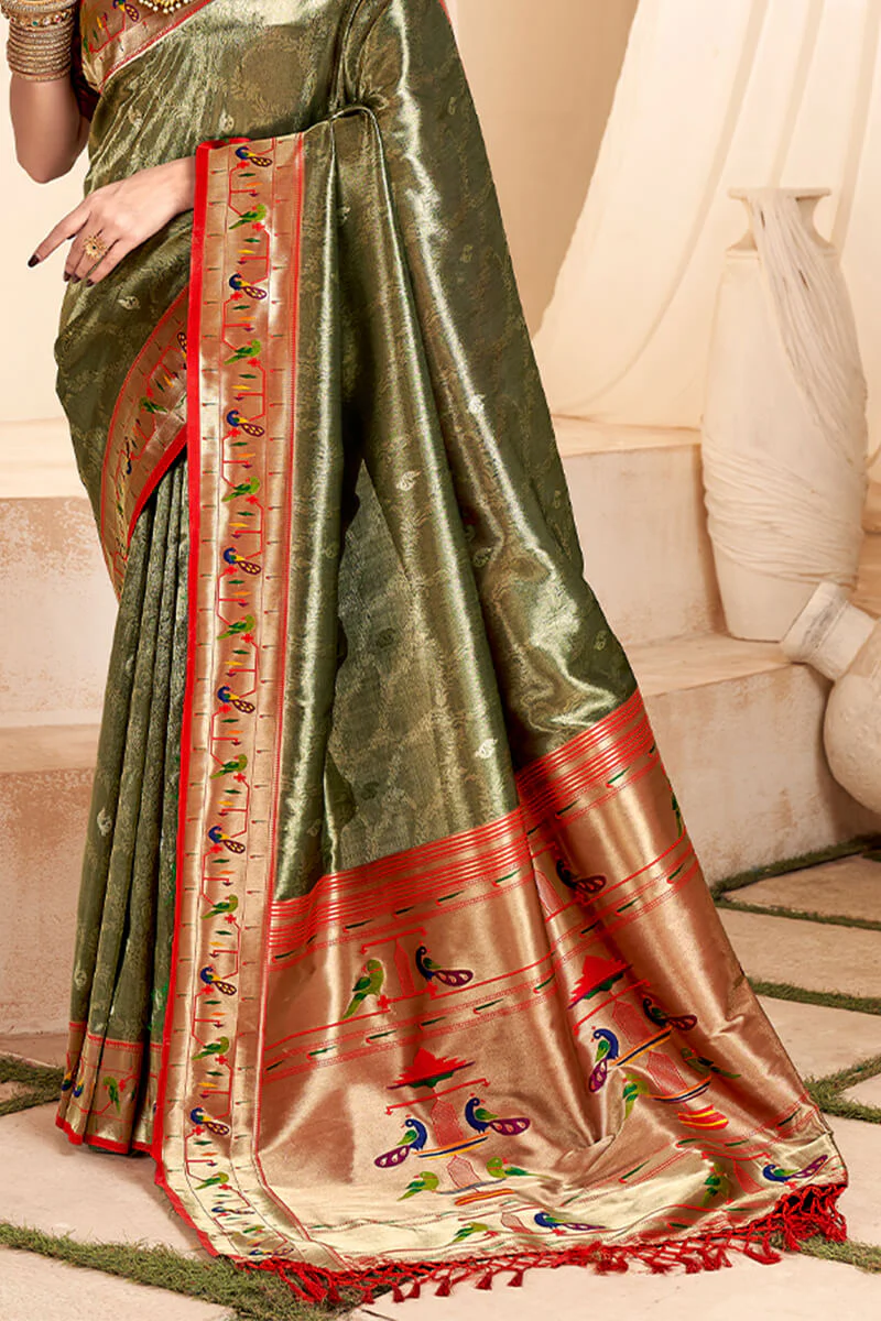 Enthralling Mehndi Paithani Silk Saree With Glittering Blouse Piece - Image 3