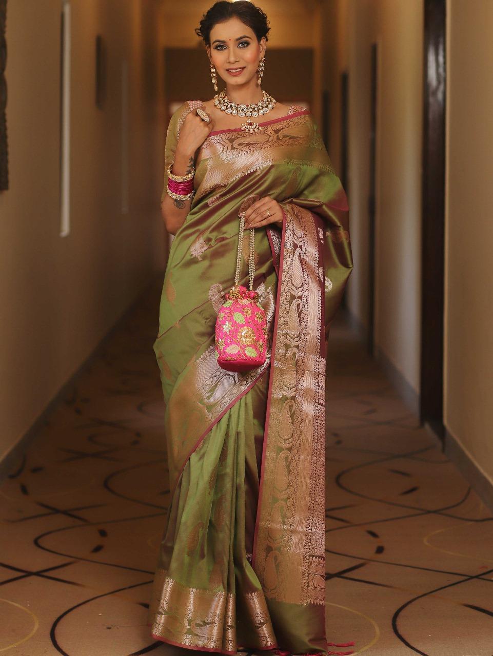 Enthralling Mehndi Soft Banarasi Silk Saree With Deserving Blouse Piece - Image 5