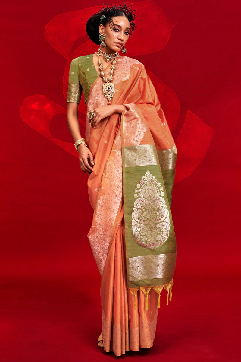 Enthralling Orange Soft Banarasi Silk Saree With Alluring Blouse Piece