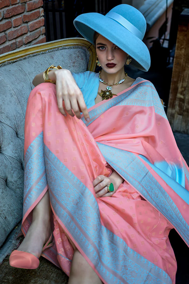 Enthralling Peach Soft Banarasi Silk Saree With Alluring Blouse Piece - Image 3
