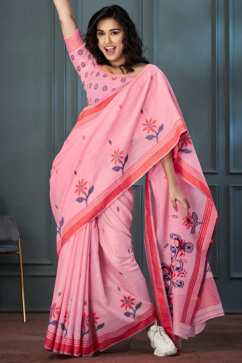 Enthralling Pink Cotton Silk Saree With Vibrant Blouse Piece - Image 2