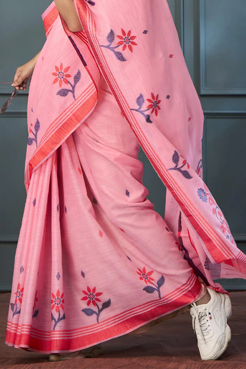 Enthralling Pink Cotton Silk Saree With Vibrant Blouse Piece - Image 3