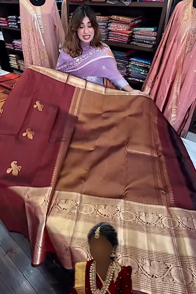 Enthralling Wine Soft Banarasi Silk Saree With Petrichor Blouse Piece - Image 8