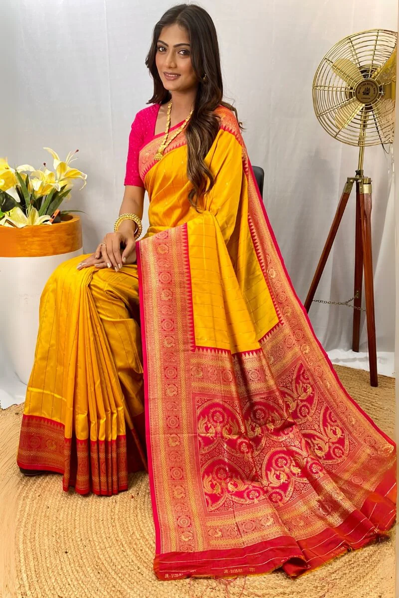 Enthralling Yellow Soft Banarasi Silk Saree With Aplomb Blouse Piece - Image 3