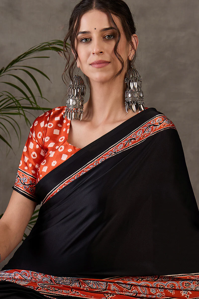 Enticing Black Ajrakh Printed Semi Modal Silk Saree With Winsome Blouse Piece - Image 2
