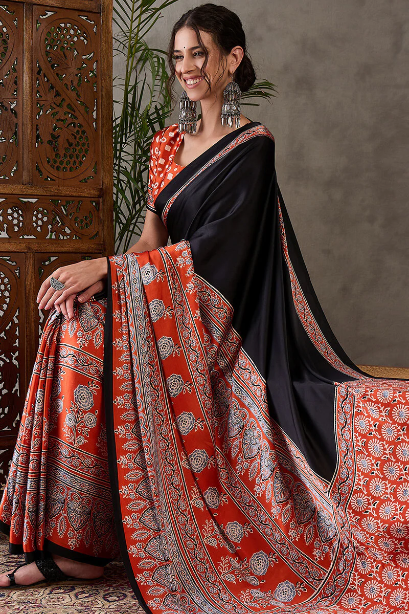 Enticing Black Ajrakh Printed Semi Modal Silk Saree With Winsome Blouse Piece - Image 5